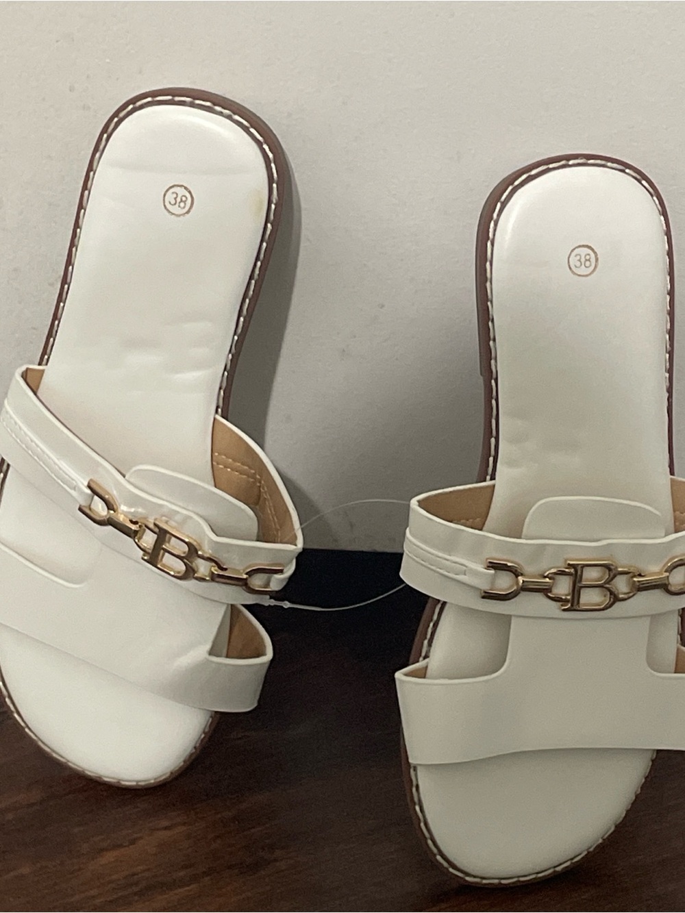 a new day White Slide Mules with Gold Chain Accent